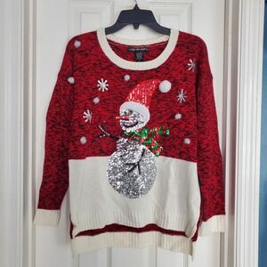 United States Sweaters Holiday Red White Sequin Snowman Sweater Festive Med